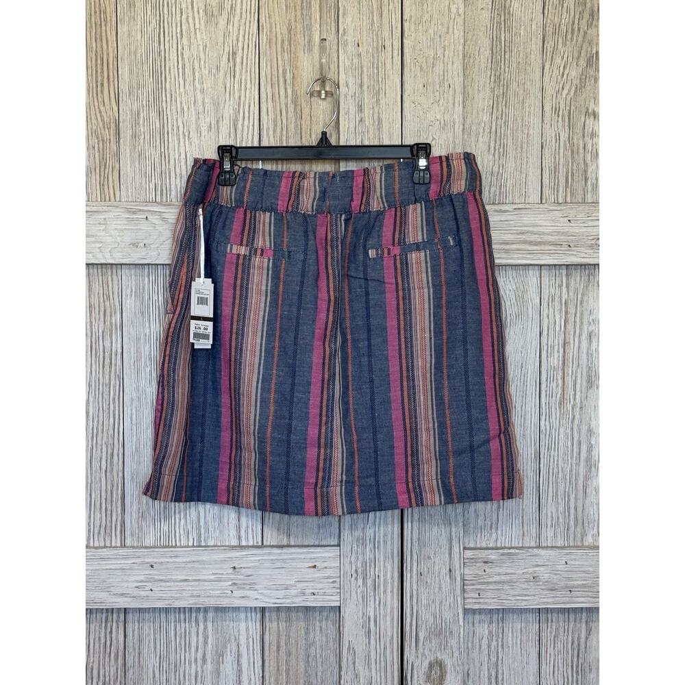 Dash Linen Blend Mini Skirt Women's Large Coral Navy Stripe Drawstring Pockets - Picture 2 of 4